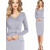 Women's Vintage Blue/Gray/Purple V Neck Midi Dress, Cotton Blends Knee-length Long Sleeve