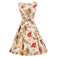 Women's Cream Floral Dress , Vintage Sleeveless 50s Rockabilly Swing Short Cocktail Dress