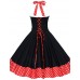 Women's Red/Black Vintage Polka Dots Midi Swing Dress, Full Circle Halter