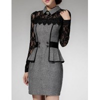 Women's Patchwork Red / Gray Lace Hin Thin Slim Temperament Dress , Work / Plus Sizes Shirt Collar Long Sleeve