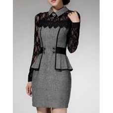 Women's Patchwork Red / Gray Lace Hin Thin Slim Temperament Dress , Work / Plus Sizes Shirt Collar Long Sleeve