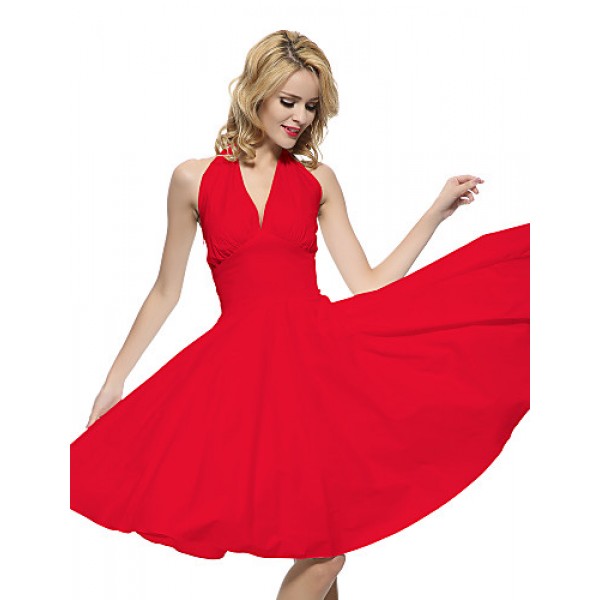 Women's Halter 50s Vintage Rockabilly Marilyn Pinup Cos Party Swing Dress,Plus Size