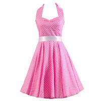 Women's Pink White Mini Polka Dot Dress , Vintage Halter 50s Rockabilly Swing Dress