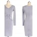 Women's Vintage Blue/Gray/Purple V Neck Midi Dress, Cotton Blends Knee-length Long Sleeve