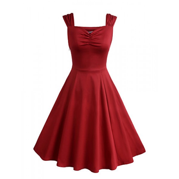 Women's Party/Cocktail Vintage A Line / Skater Dress,Solid Sweetheart Knee-length Sleeveless Red / Black Cotton / Polyester Summer