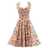 Women's White Floral Dress , Vintage Halter 50s Rockabilly Swing Dress