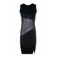 Women's Work Sheath Dress,Patchwork Round Neck Knee-length Sleeveless Black PU / Cotton / Others Spring / Summer / Fall