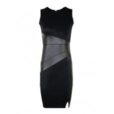 Women's Work Sheath Dress,Patchwork Round Neck Knee-length Sleeveless Black PU / Cotton / Others Spring / Summer / Fall