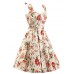 Women's Cream Floral Dress , Vintage Halter 50s Rockabilly Swing Dress