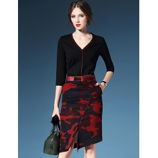 Women's Patchwork Black DressCasualWork V NeckSleeve