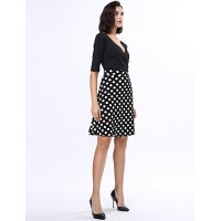 Women's Casual/Daily Plus Size Dress,Solid / Polka Dot V Neck Knee-length ? Length Sleeve Black Polyester Fall