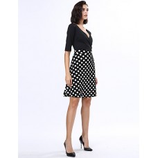 Women's Casual/Daily Plus Size Dress,Solid / Polka Dot V Neck Knee-length ? Length Sleeve Black Polyester Fall