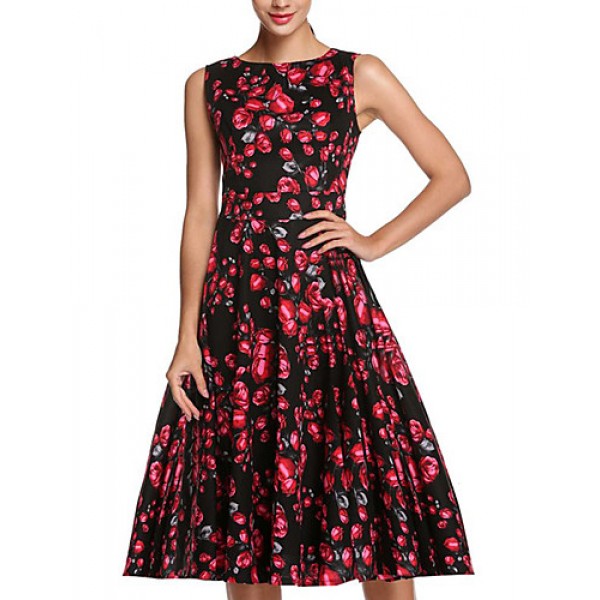 Women's Vintage / Simple / Street chic Floral Swing Dress,Round Neck Knee-length Cotton / Polyester