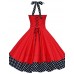 Women's Red/Black Vintage Polka Dots Midi Swing Dress, Full Circle Halter