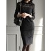 Women's Going out / Work Sophisticated Sheath / Lace / Black and White Dress,Solid Stand Knee-length Long Sleeve White / BlackCotton /