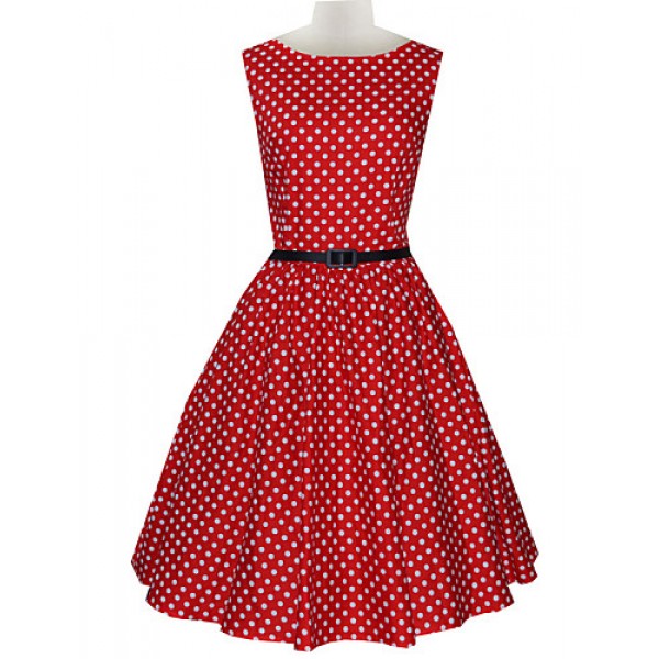 Women's Vintage Slim Polka Dot Printing Sleeveless Dress(With Belt)