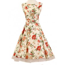 Women's Halter 50s Vintage Flower Print Rockabilly Sleeveless Dress(Not Include Petticoat)