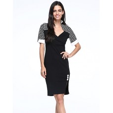 Women's Vintage/Sexy/Cute/Party/Work Micro-elastic Short Sleeve Knee-length Dress (Cotton Blends)