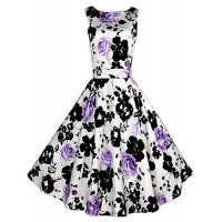 Women's Going out Vintage Skater Dress,Floral Round Neck Midi Sleeveless Purple Polyester All Seasons Mid Rise Micro-elastic Medium