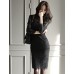 Women's Going out / Work Sophisticated Sheath / Lace / Black and White Dress,Solid Stand Knee-length Long Sleeve White / BlackCotton /