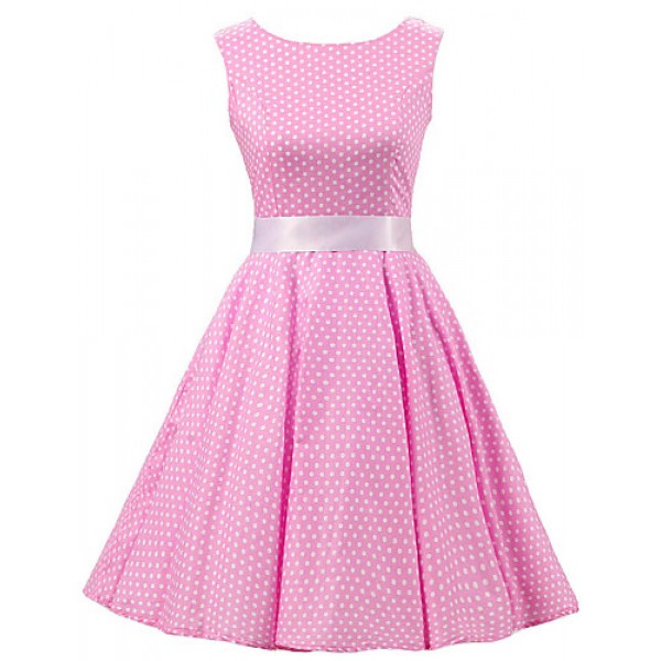 Women's Pink White Mini Polka Dot Dress , Vintage Sleeveless 50s Rockabilly Swing Short Cocktail Dress