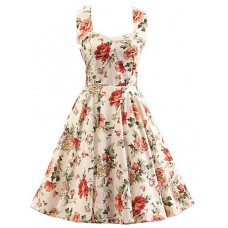 Women's Cream Floral Dress , Vintage Halter 50s Rockabilly Swing Dress