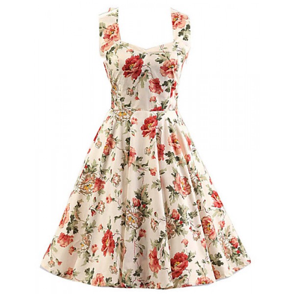 Women's Cream Floral Dress , Vintage Halter 50s Rockabilly Swing Dress