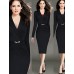 Women's Work Bodycon Dress,Solid V Neck Knee-length Long Sleeve Blue / Black Cotton / Polyester / Spandex Spring