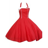 Women's Party/Cocktail Vintage Skater Dress,Color Block Halter Knee-length Sleeveless Red / Black Cotton Summer High Rise Inelastic Thin