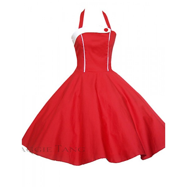 Women's Party/Cocktail Vintage Skater Dress,Color Block Halter Knee-length Sleeveless Red / Black Cotton Summer High Rise Inelastic Thin