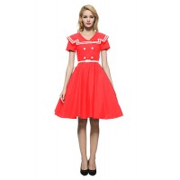 Women's Party/Cocktail Vintage Skater Dress,Color Block V Neck Knee-length Short Sleeve Blue / Red Cotton All Seasons High Rise Inelastic