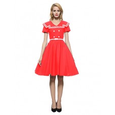 Women's Party/Cocktail Vintage Skater Dress,Color Block V Neck Knee-length Short Sleeve Blue / Red Cotton All Seasons High Rise Inelastic