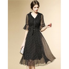 Women's Street chic Polka Dot Chiffon / Swing Dress,V Neck Knee-length Polyester