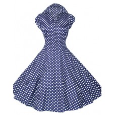 Women's White/Black/Blue 50s Vintage Polka Dots Swing Midi Dress