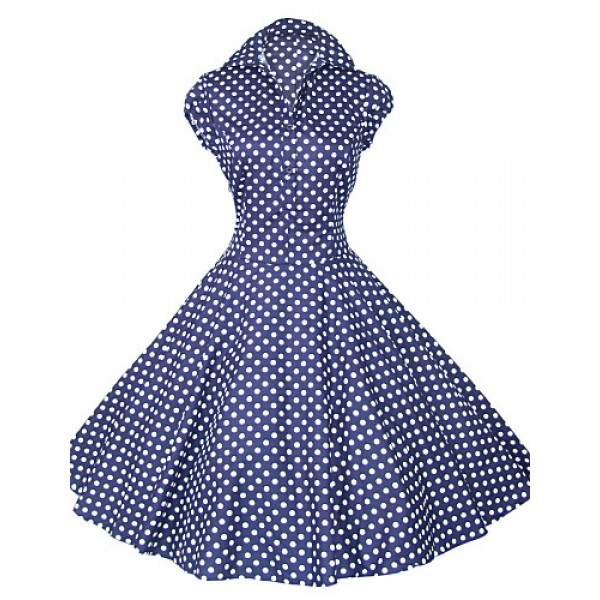 Women's White/Black/Blue 50s Vintage Polka Dots Swing Midi Dress